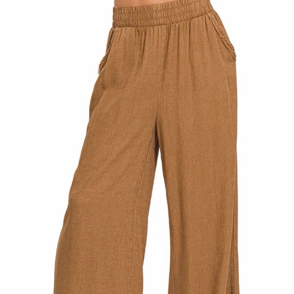 DEEP CAMEL WASHED LINEN FRAYED HEM ELASTIC BAND WAIST PANTS